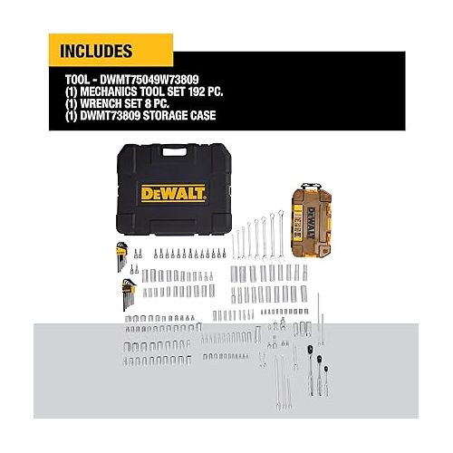  DEWALT Mechanics Tool Set, SAE and Metric, 1/2, 1/4, 3/8 Drive Sizes, 192-Piece (DWMT75049)