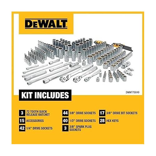  DEWALT Mechanics Tool Set, SAE and Metric, 1/2, 1/4, 3/8 Drive Sizes, 192-Piece (DWMT75049)