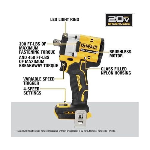  DEWALT ATOMIC 20V MAX* 1/2 in. Cordless Impact Wrench with Detent Pin Anvil (Tool Only) (DCF922B)