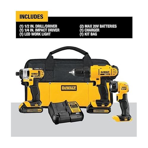  DEWALT 20V MAX Cordless Drill Combo Kit, 3-Tool, Battery and Charger Included (DCK340C2)