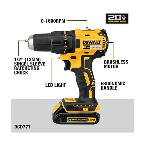  DEWALT 20V MAX Cordless Drill, Impact Driver, 2-Tool Power Tool Combo Kit, Brushless Power Tool Set with 2 Batteries and Charger Included (DCK277D2)