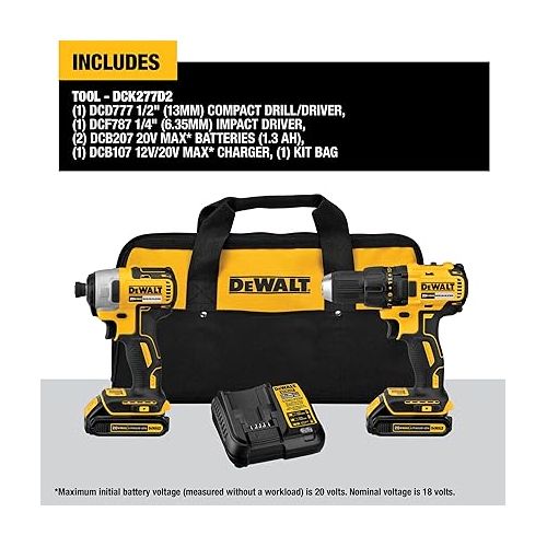  DEWALT 20V MAX Cordless Drill, Impact Driver, 2-Tool Power Tool Combo Kit, Brushless Power Tool Set with 2 Batteries and Charger Included (DCK277D2)