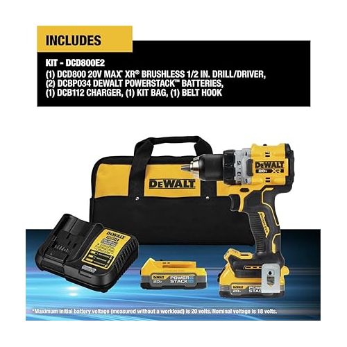  DEWALT 20V MAX XR Cordless Drill Kit, Drill and Driver, 1/2