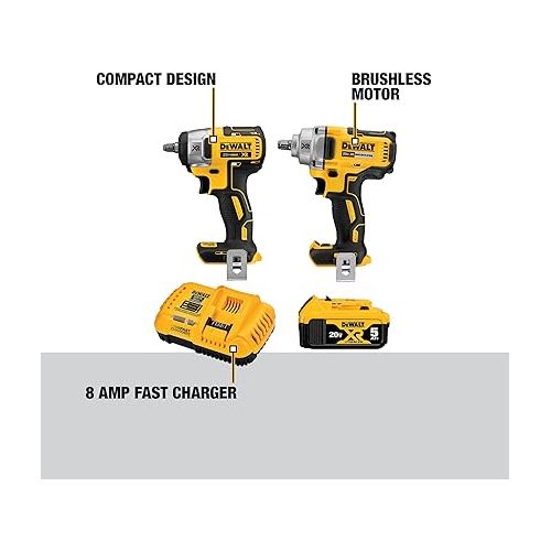  DEWALT 20V MAX Impact Wrench, Cordless 2-Tool Combo Kit, 1/2-Inch Mid-Range and 3/8-inch Compact with 5ah Battery and Charger (DCK205P1)