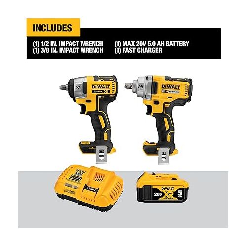  DEWALT 20V MAX Impact Wrench, Cordless 2-Tool Combo Kit, 1/2-Inch Mid-Range and 3/8-inch Compact with 5ah Battery and Charger (DCK205P1)