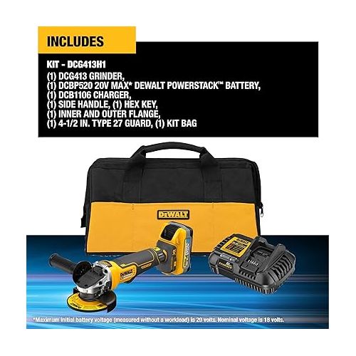  DEWALT 20V MAX Angle Grinder Tool, Cordless, 4-1/2 inch, POWERSTACK Battery and Charger Included (DCG413H1)