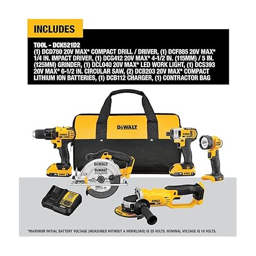  DEWALT 20V MAX Combo Kit, Compact 5-Tool (DCK521D2)