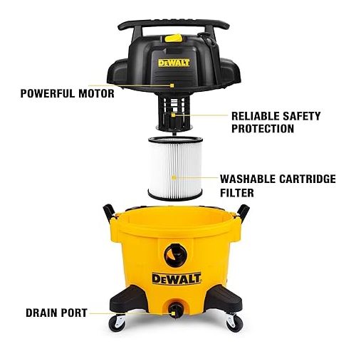  DEWALT 9 Gallon Poly Wet/Dry Vac DXV09PZ, Shop Vacuum for Workshop/Jobsite Yellow
