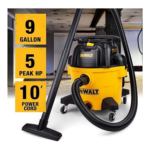  DEWALT 9 Gallon Poly Wet/Dry Vac DXV09PZ, Shop Vacuum for Workshop/Jobsite Yellow