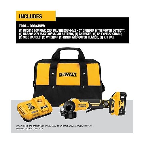  DEWALT 20V MAX* XR Angle Grinder, Trigger Switch, Power Detect Tool Technology Kit, 4-1/2-Inch to 5-Inch (DCG415W1)