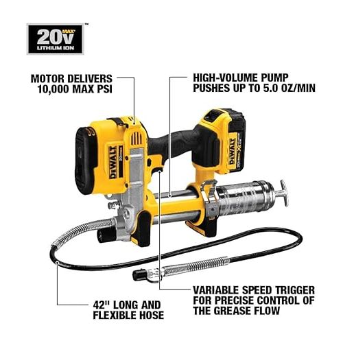  DEWALT 20V MAX Grease Gun Kit, Cordless, 42” Long Hose, 10,000 PSI, Variable Speed Triggers, Battery and Charger Included (DCGG571M1)