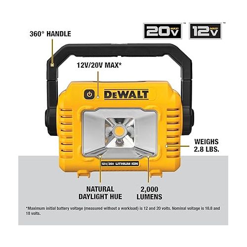  DEWALT 12V/20V MAX LED Work Light, Compact with 360 Degree Rotating Handle, 2000 Lumens of Brightness, Cordless, Bare Tool Only (DCL077B)