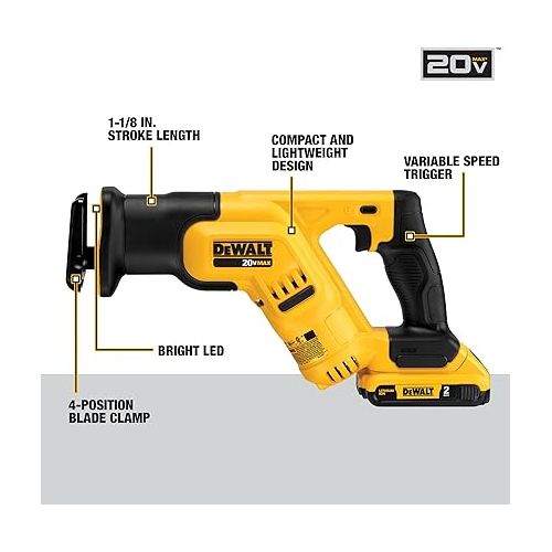  DEWALT 20V MAX* Cordless Reciprocating Saw Kit, Compact, 2-Amp Hour (DCS387D1)