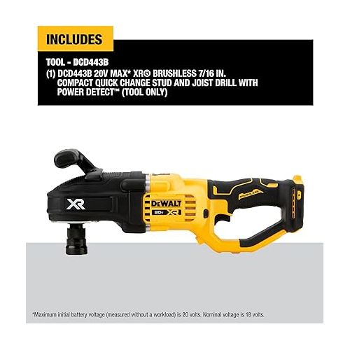  DEWALT 20V MAX XR Brushless Cordless 7/16 in. Compact Stud and Joist Drill with POWER DETECT, Bare Tool Only (DCD443B)