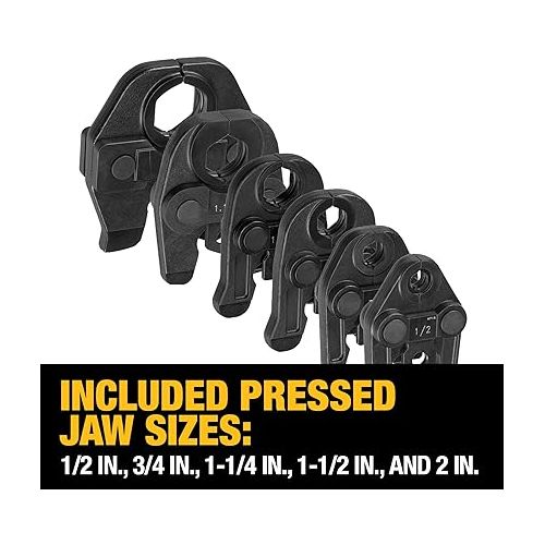  DEWALT 20V MAX Cordless Plumbing Pipe Press Tool Kit with Crimping Heads, Pro Press Tool For Copper Pipe and Stainless Steel Pipes, ½”-1 ¼”, 2 Batteries and Charger Included (DCE200M2K)
