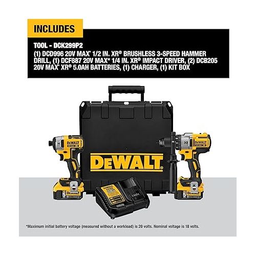  DEWALT 20V MAX Hammer Drill and Impact Driver, Cordless Power Tool Combo Kit with 2 Batteries and Charger (DCK299P2)