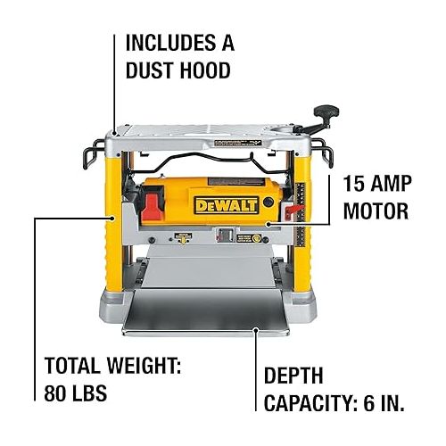  DEWALT Benchtop Planer, 15-Amp, 12-1/2-Inch, 3-Knife Cutter, 20,000 RPM, Corded (DW734)