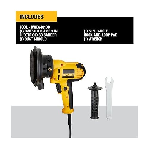  DEWALT Rotary Sander, Variable Speed, Dust Shroud, 5-Inch (DWE6401DS), Yellow