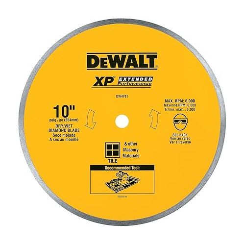  DEWALT Diamond Blade for Ceramic or Tile, Wet Cutting, Continuous Rim, 5/8-Inch Arbor, 10-Inch (DW4761), Yellow