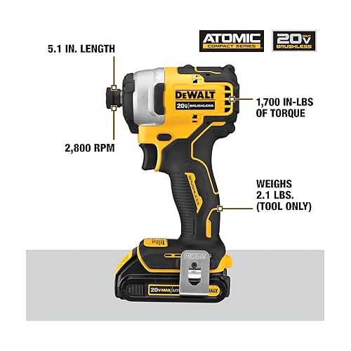  DEWALT ATOMIC 20V MAX* Impact Driver, Cordless, Compact Kit, 2 Batteries, 1/4-Inch (DCF809C2)