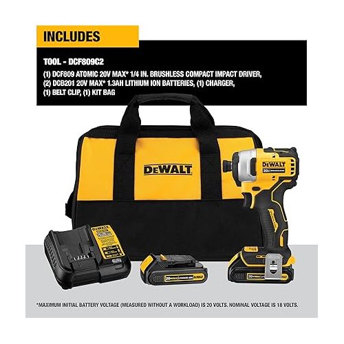  DEWALT ATOMIC 20V MAX* Impact Driver, Cordless, Compact Kit, 2 Batteries, 1/4-Inch (DCF809C2)