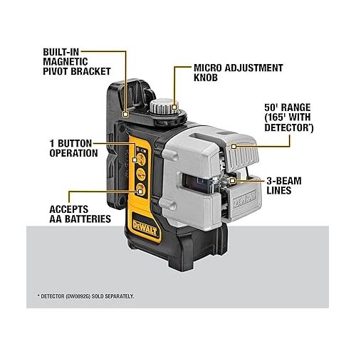  DEWALT Line Laser, Self-Leveling, Black, 3-Beam (DW089K)