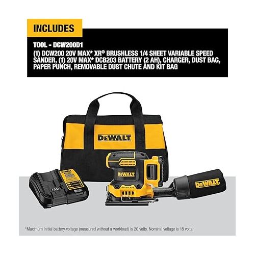  DEWALT DCW200D1 20V MAX XR Cordless 1/4 Sheet Variable Speed Sander Kit (2.0 Ah Battery)