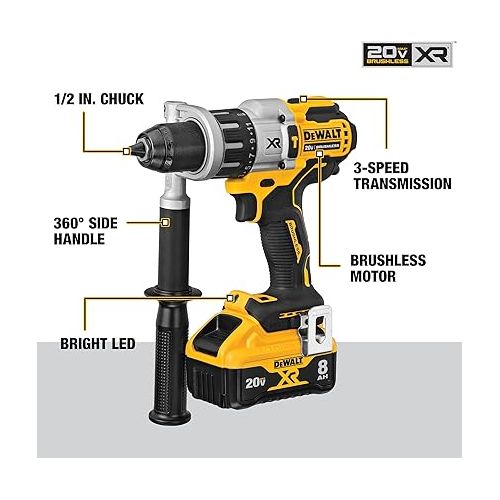  DEWALT 20V MAX XR Hammer Drill/Driver Combination Kit with Power Detect Tool Technology, 1/2 Inch, Battery and Charger Included (DCD998W1)