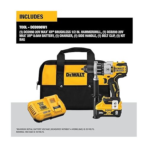  DEWALT 20V MAX XR Hammer Drill/Driver Combination Kit with Power Detect Tool Technology, 1/2 Inch, Battery and Charger Included (DCD998W1)