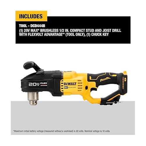  DEWALT 20V MAX* Brushless Cordless 1/2 in. Compact Stud and Joist Drill with FLEXVOLT ADVANTAGE™ (Tool Only) (DCD444B)