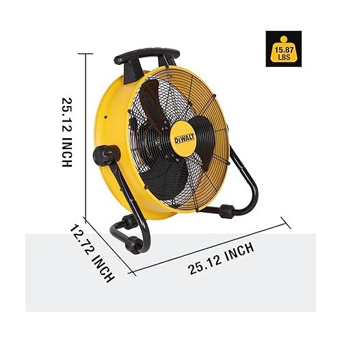  DEWALT DXF1840 Floor Fan, Industrial Fan, 18 Inch High Velocity Fan with 3-Speed Heavy Duty Air Circulator and 180 Adjustable Tilt, Large Electric Metal Rotating Garage Fan, Drum Fan for Work, Yellow