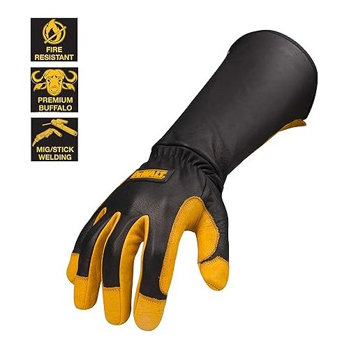  DEWALT Premium Leather Welding Gloves, Fire/Heat Resistant, Gauntlet-Style Cuff, Elastic Wrist, Large