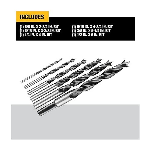  DEWALT Drill Bit Set, Brad Point, 6-Piece (DW1720) , Black