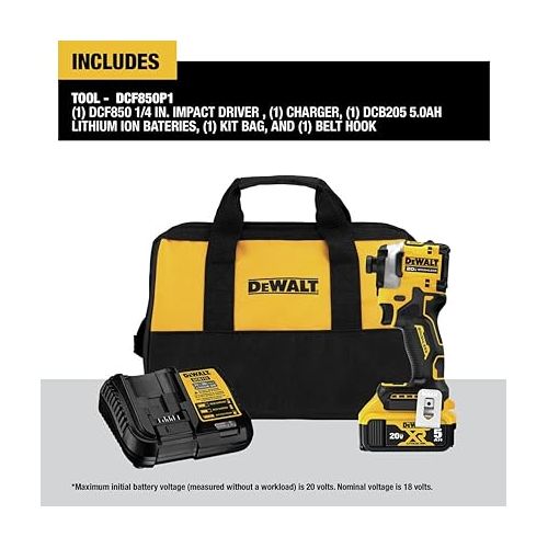  DEWALT ATOMIC 20V MAX 1/4 in. Brushless Cordless Impact Driver Kit with Battery and Charger Included (DCF850P1)