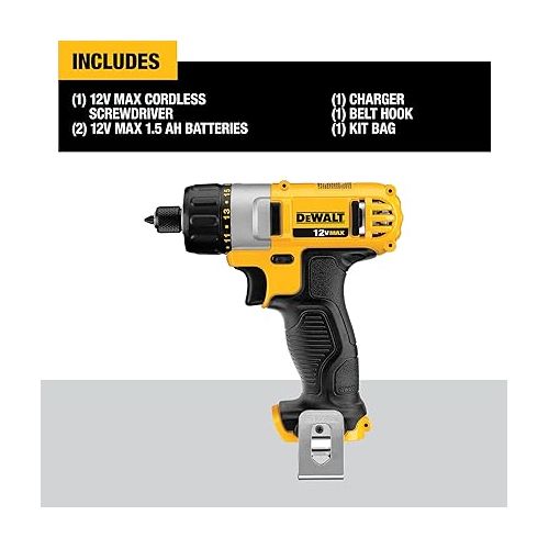  DEWALT 12V MAX Cordless Screwdriver, 1/4-Inch Hex Chuck, 1-Inch Bit Tips, Electric (DCF610S2)