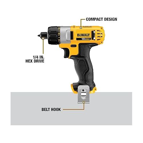  DEWALT 12V MAX Cordless Screwdriver, 1/4-Inch Hex Chuck, 1-Inch Bit Tips, Electric (DCF610S2)