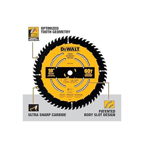  DEWALT Table Saw Blade, 10 in, 60 Tooth, Fine Finish, Ultra Sharp Carbide (DWA11060)