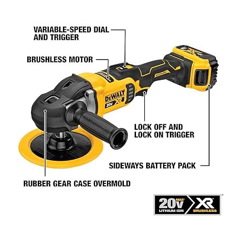  DEWALT 20V MAX* XR Cordless Polisher Kit, Rotary, Variable Speed, 7-Inch, 180 mm (DCM849P2)