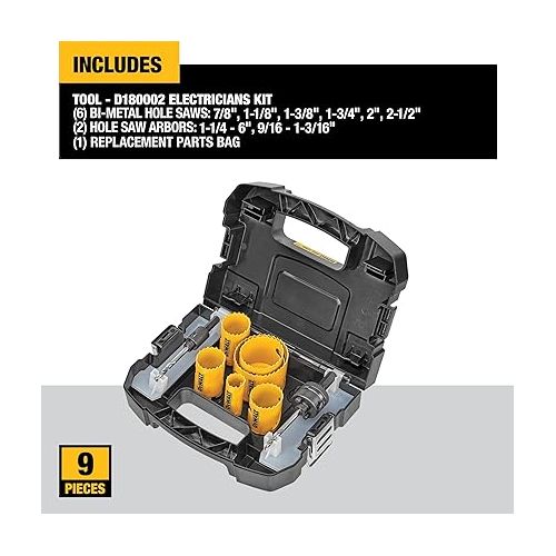  DEWALT Hole Saw Kit, Standard Electrician's Set, Bi-Metal (D180002), Yellow