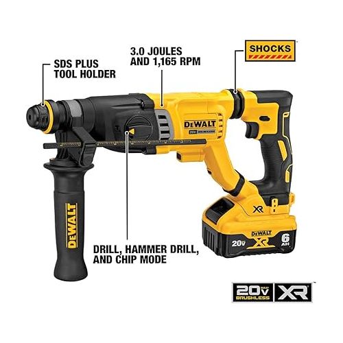  DEWALT 20V MAX Rotary Hammer, SDS Plus Kit, 1-1/8-Inch, Cordless (DCH263R2)