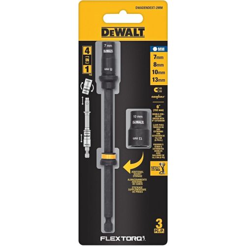  DEWALT FLEXTORQ Socket and Socket Extension, 4 in 1, 7mm & 8mm Socket, 10mm & 13mm Socket, with 6 inch Extension, Double Ended Nut Driver (DWADENDEXT-2MM)