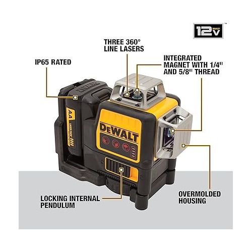  DEWALT 12V MAX Laser Level, Line Laser, 3 x 360, Red (DW089LR)