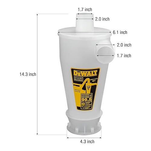  DEWALT Dust Separator with 6 Gallon Poly Tank, 99.5% Efficiency Cyclone Dust Collector, High-Performance Cycle Powder Collector Filter, DXVCS002, Yellow