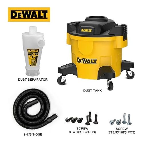  DEWALT Dust Separator with 6 Gallon Poly Tank, 99.5% Efficiency Cyclone Dust Collector, High-Performance Cycle Powder Collector Filter, DXVCS002, Yellow