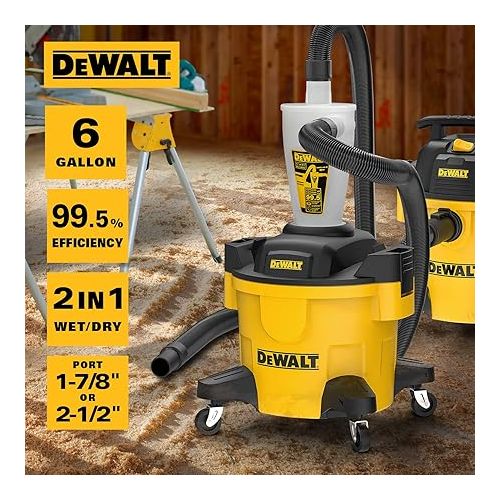  DEWALT Dust Separator with 6 Gallon Poly Tank, 99.5% Efficiency Cyclone Dust Collector, High-Performance Cycle Powder Collector Filter, DXVCS002, Yellow