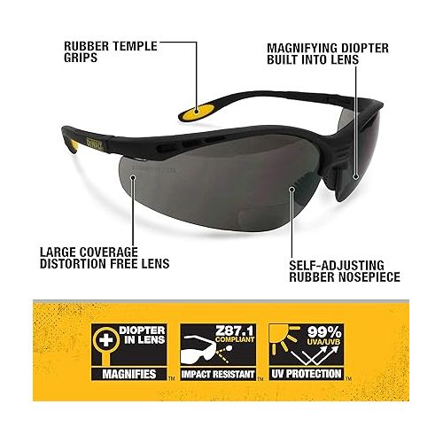  DEWALT DPG59-225C Reinforcer Rx-Bifocal 2.5 Smoke Lens High Performance Protective Safety Glasses with Rubber Temples and Protective Eyeglass Sleeve