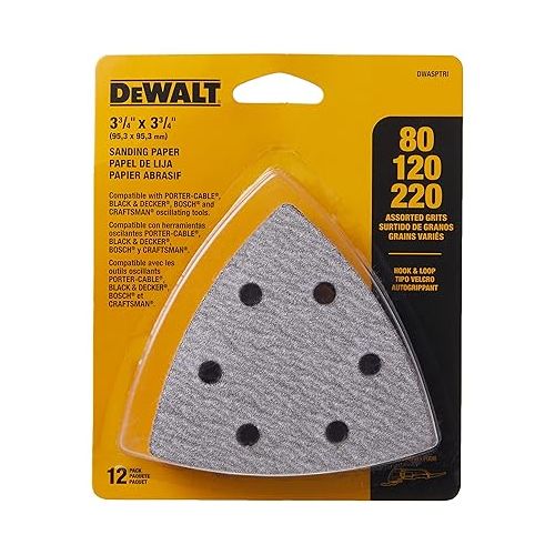  DEWALT Sandpaper Assortment, Hook and Loop Triangle, 12-Pack (DWASPTRI)