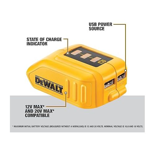  DEWALT 12V/20V MAX USB Charger with 2 Ports and State of Charge Indicator(DCB090)