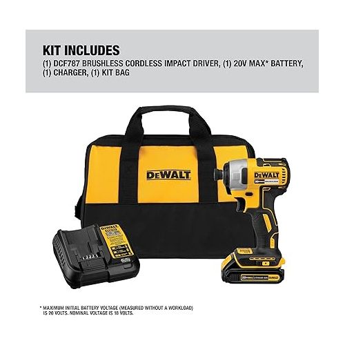  DEWALT 20V MAX Impact Driver, 1/4 Inch, Battery and Charger Included (DCF787D1)