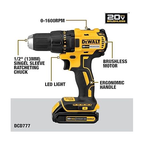  DEWALT 20V MAX Cordless Drill Driver, 1/2 Inch, 2 Speed, XR 2.0 Ah Battery and Charger Included (DCD777D1)